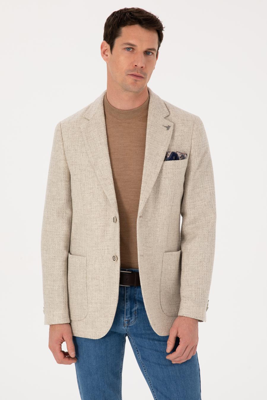 Bej Slim Fit Yün Kaşmir Karışımlı Mikro Desenli Ceket - 50310754083
