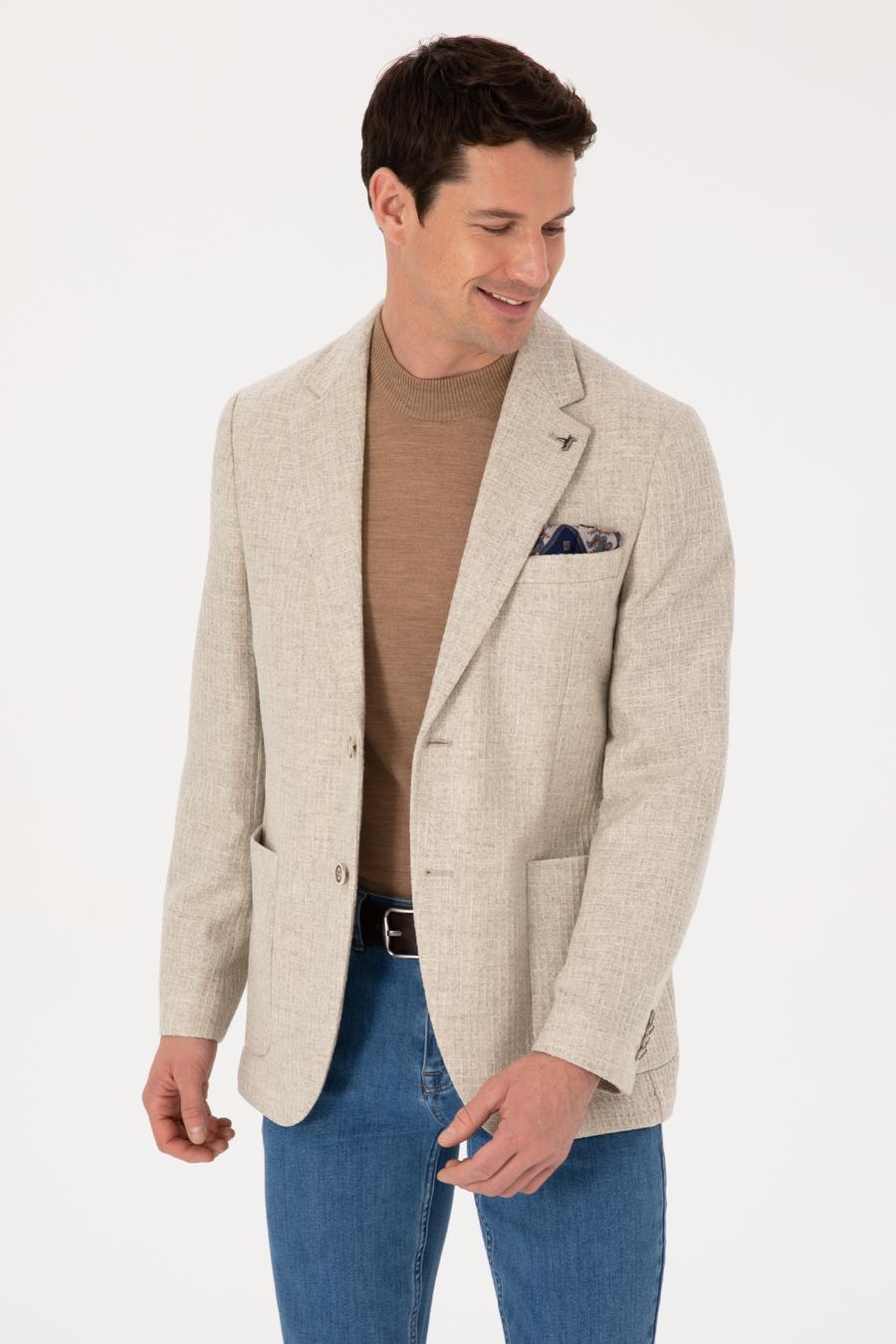 Bej Slim Fit Yün Kaşmir Karışımlı Mikro Desenli Ceket - 50310754083