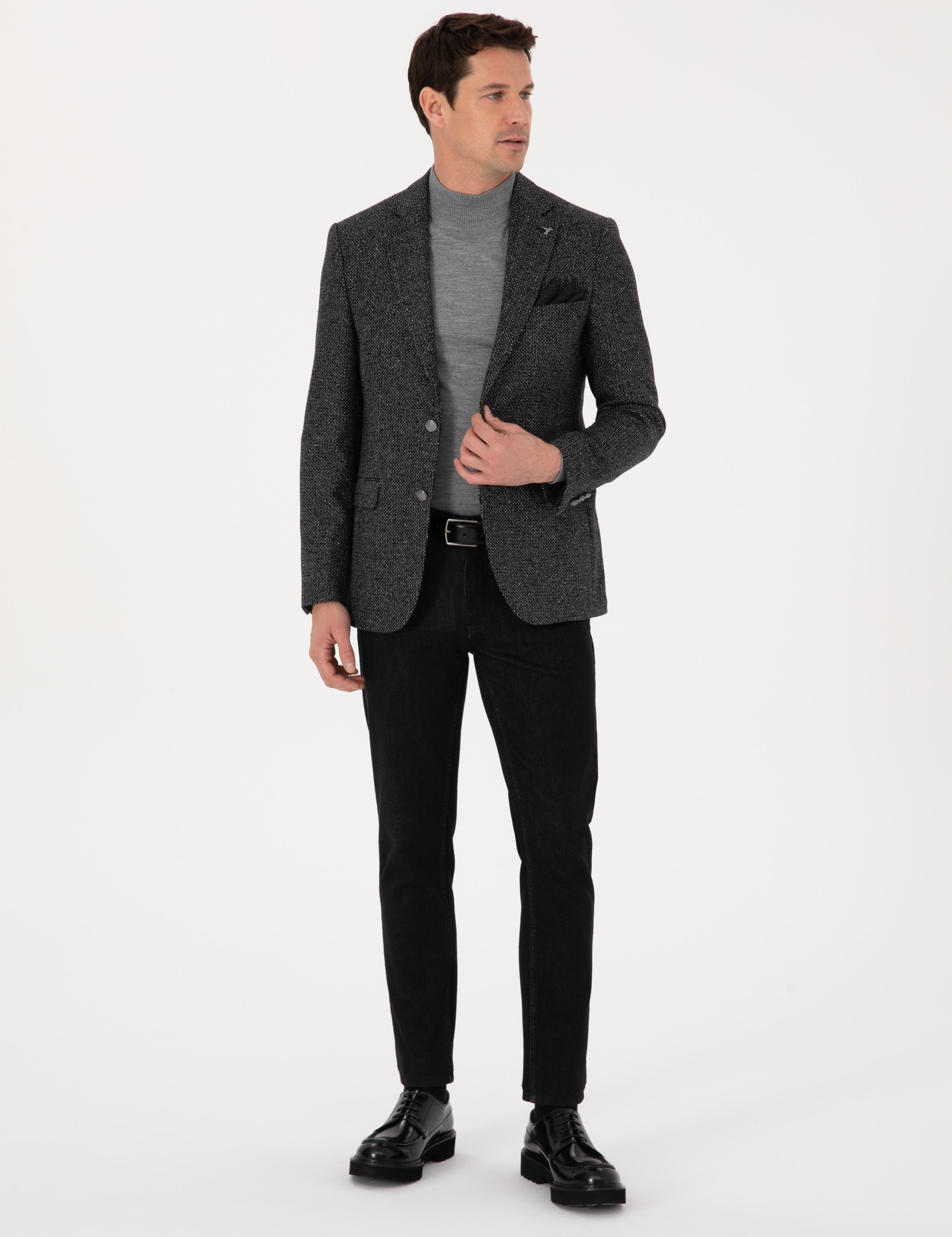 Siyah Slim Fit İpek Kaşmir Karışımlı Mikro Desenli Blazer Ceket - 50310753023