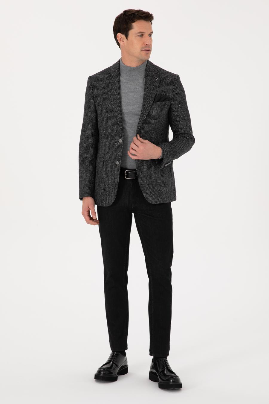 Siyah Slim Fit İpek Kaşmir Karışımlı Mikro Desenli Blazer Ceket - 50310753023