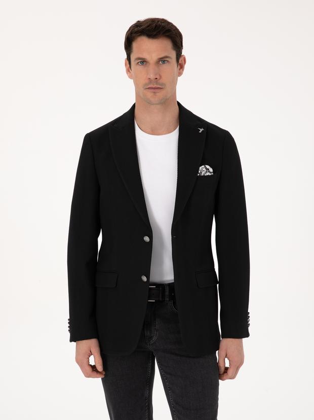 Siyah Slim Fit Yün Karışımlı Kırlangıç Yaka Balık Sırtı Blazer Ceket