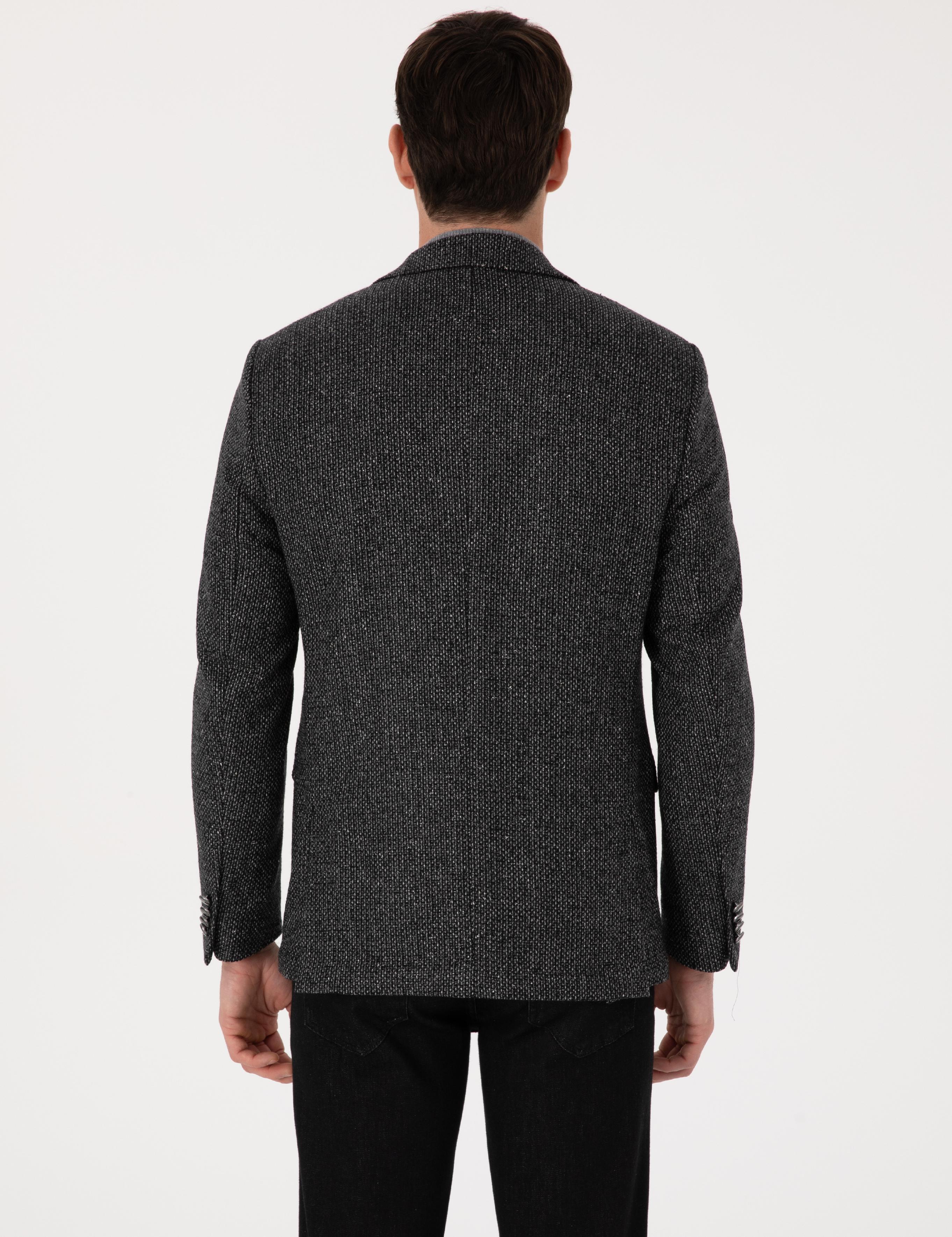 Siyah Slim Fit İpek Kaşmir Karışımlı Mikro Desenli Blazer Ceket - 50310753023