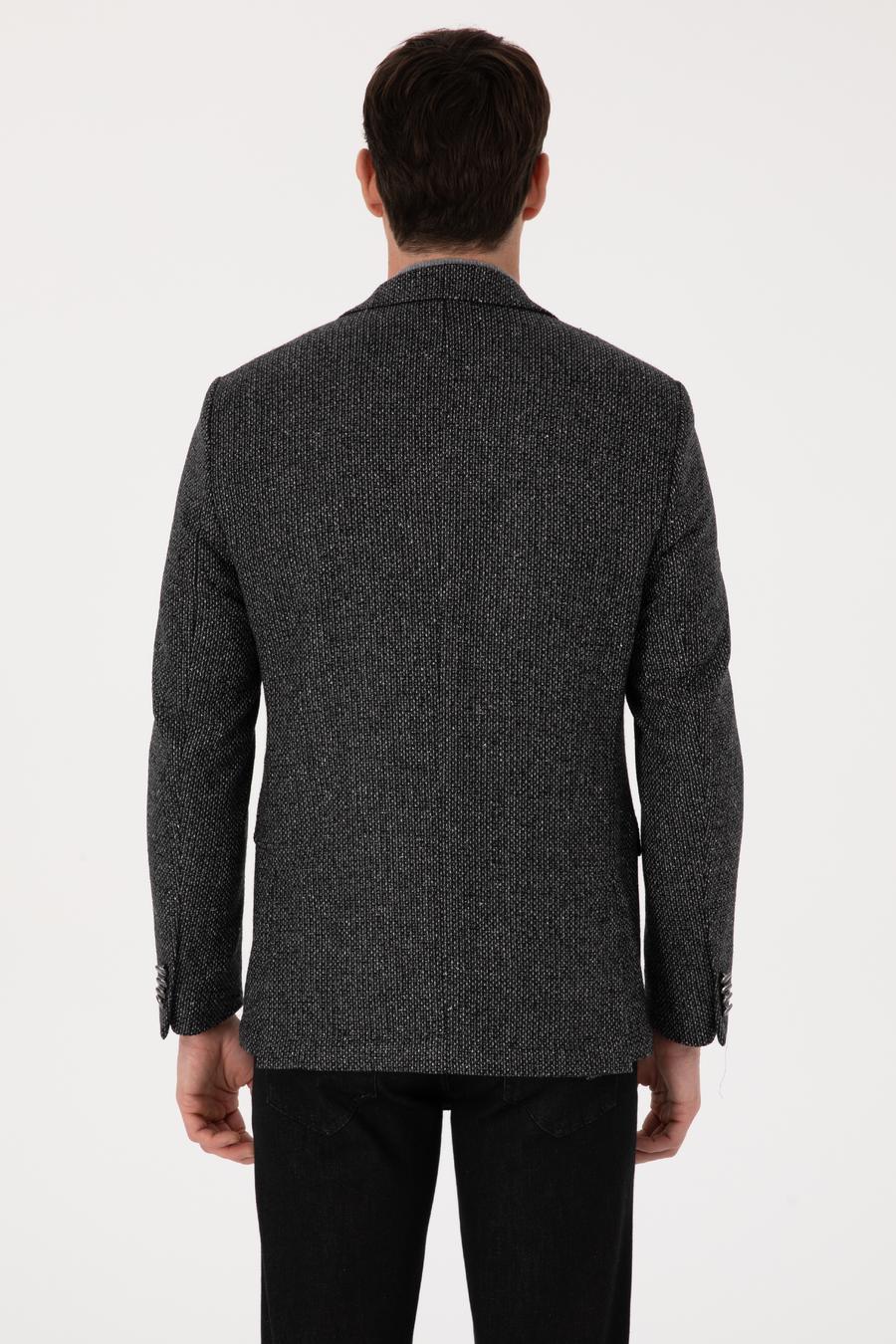 Siyah Slim Fit İpek Kaşmir Karışımlı Mikro Desenli Blazer Ceket - 50310753023