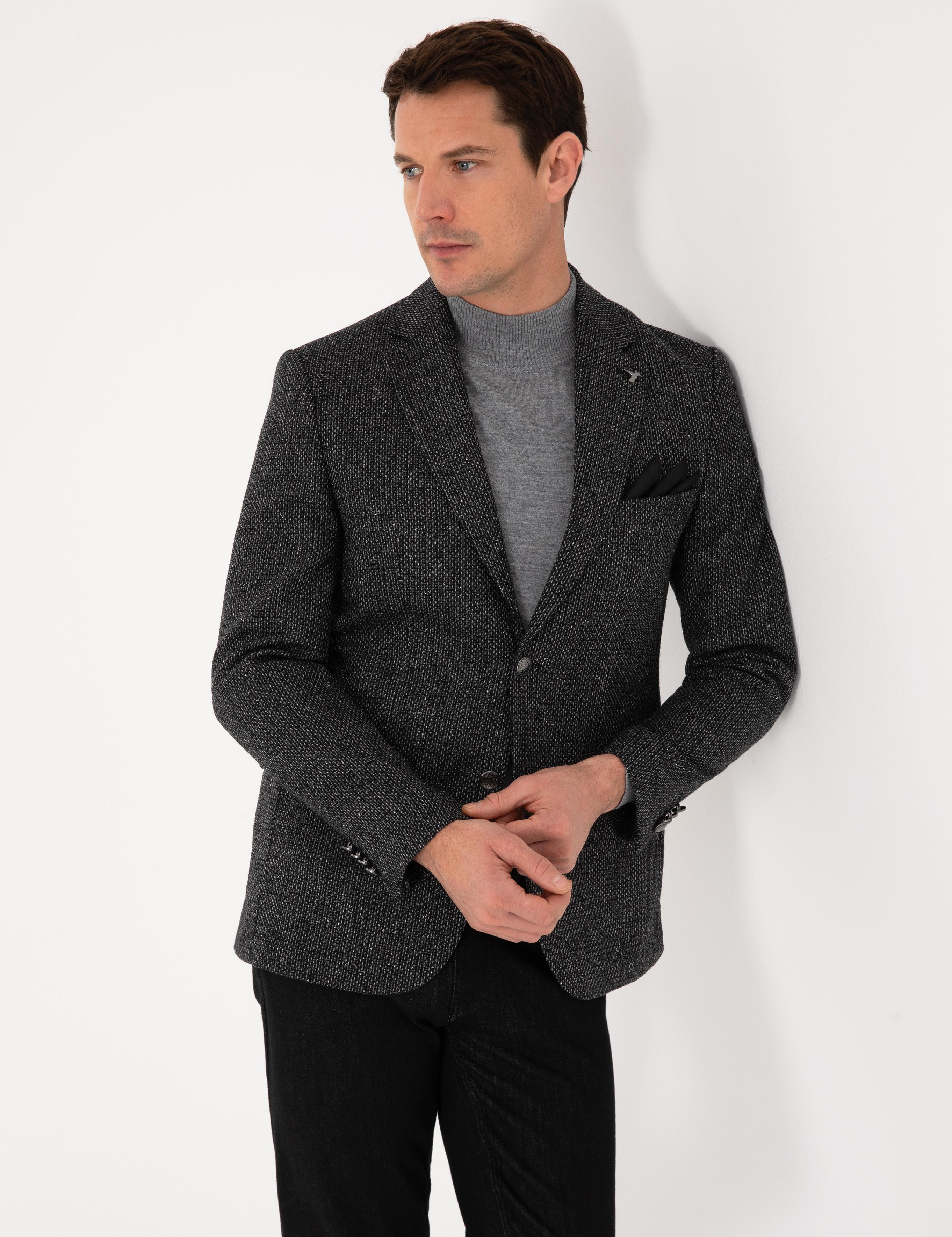 Siyah Slim Fit İpek Kaşmir Karışımlı Mikro Desenli Blazer Ceket - 50310753023