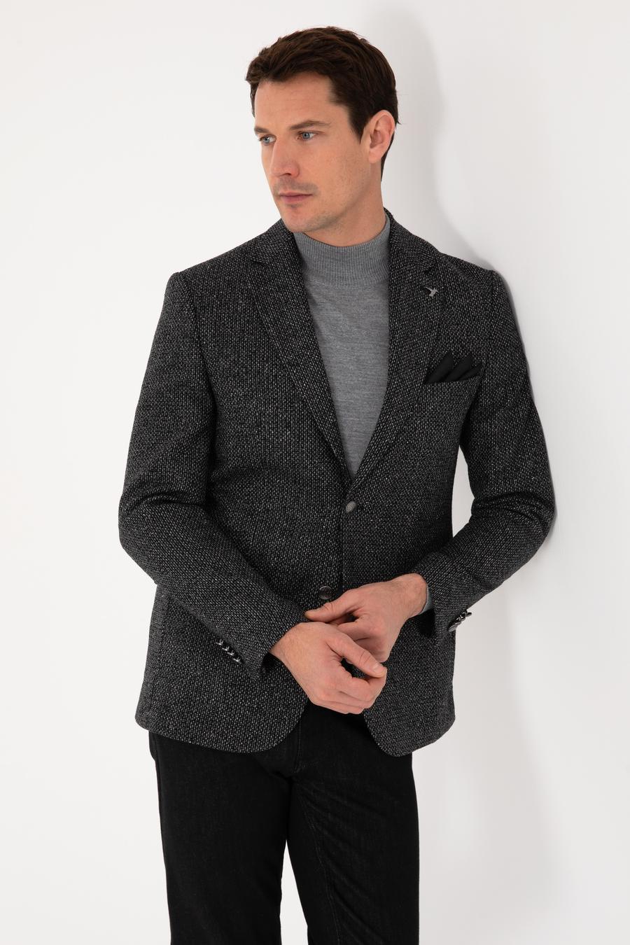Siyah Slim Fit İpek Kaşmir Karışımlı Mikro Desenli Blazer Ceket - 50310753023