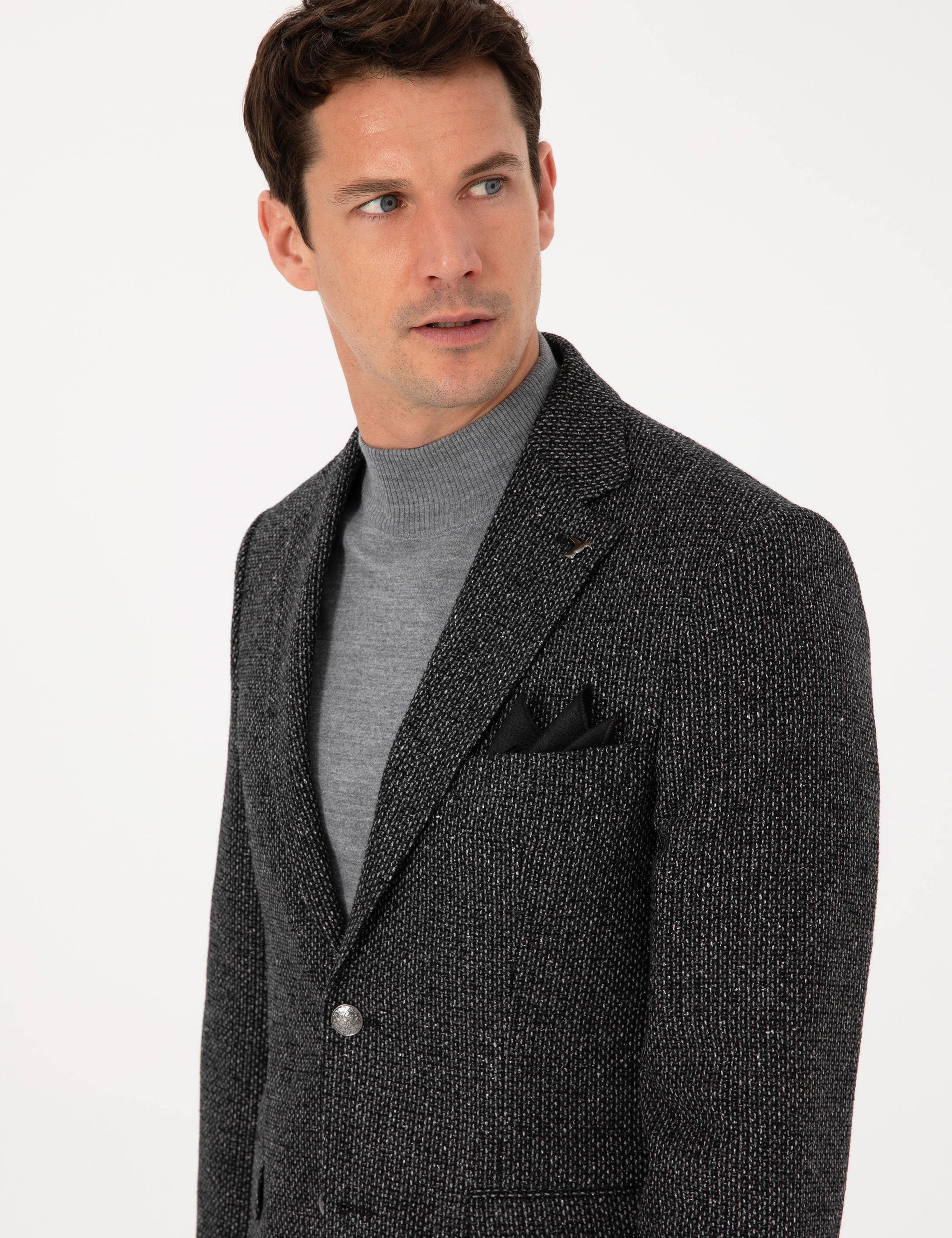 Siyah Slim Fit İpek Kaşmir Karışımlı Mikro Desenli Blazer Ceket - 50310753023
