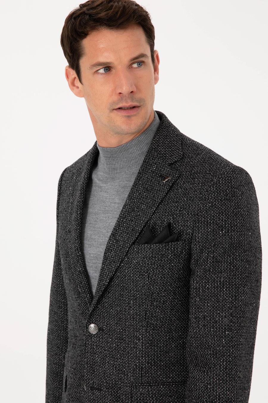 Siyah Slim Fit İpek Kaşmir Karışımlı Mikro Desenli Blazer Ceket - 50310753023