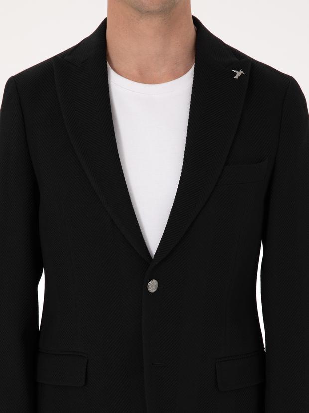 Siyah Slim Fit Yün Karışımlı Kırlangıç Yaka Balık Sırtı Blazer Ceket