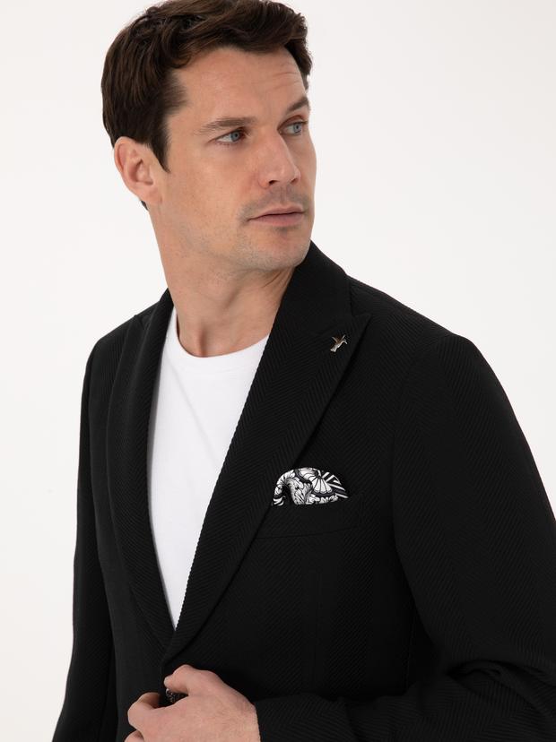Siyah Slim Fit Yün Karışımlı Kırlangıç Yaka Balık Sırtı Blazer Ceket
