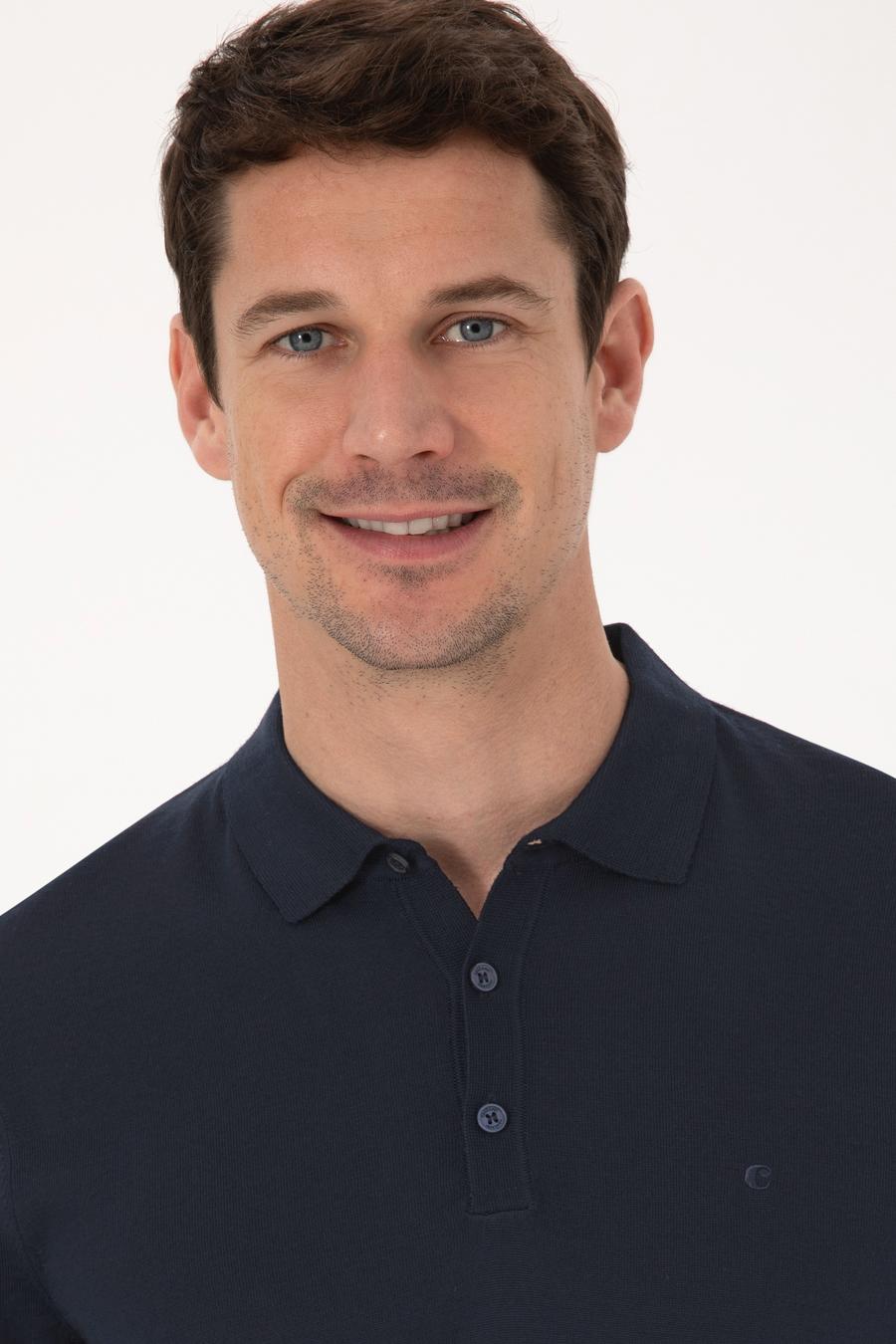 Lacivert Slim Fit Yün Karışımlı Polo Yaka Basic Triko Kazak - 50315267021
