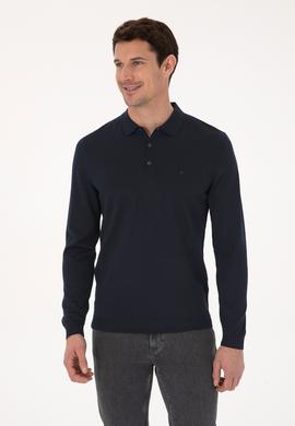 Lacivert Slim Fit Yün Karışımlı Polo Yaka Basic Triko Kazak