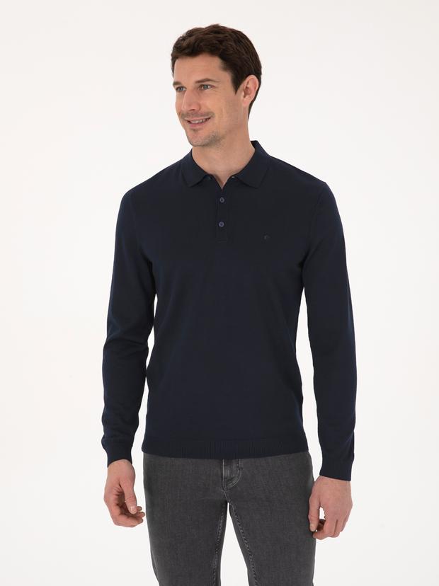 Lacivert Slim Fit Yün Karışımlı Polo Yaka Basic Triko Kazak