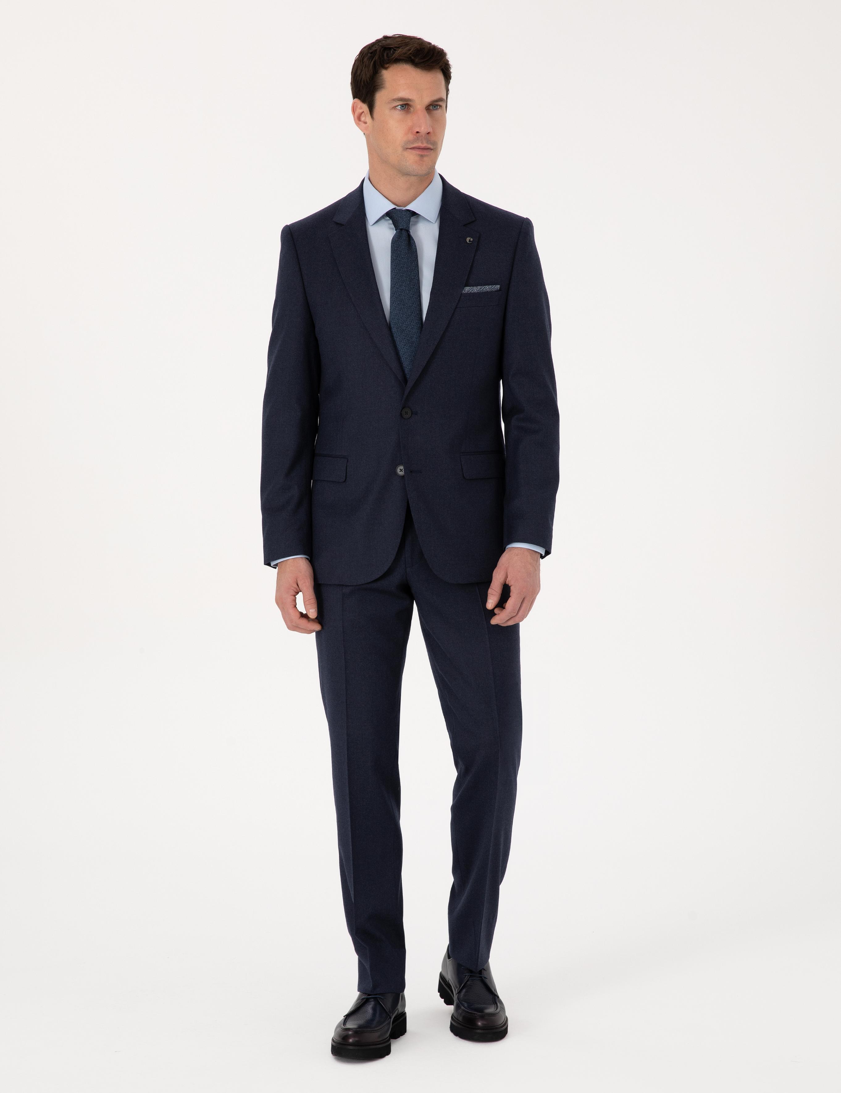 Lacivert Slim Fit Yün Karışımlı Mikro Desenli Klasik Pantolon - 50310020025