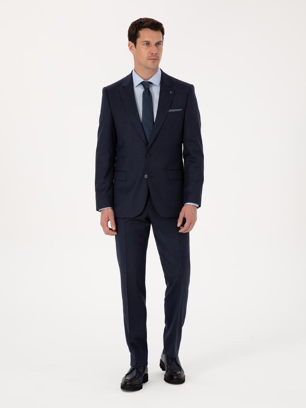 Lacivert Slim Fit Yün Karışımlı Mikro Desenli Klasik Pantolon