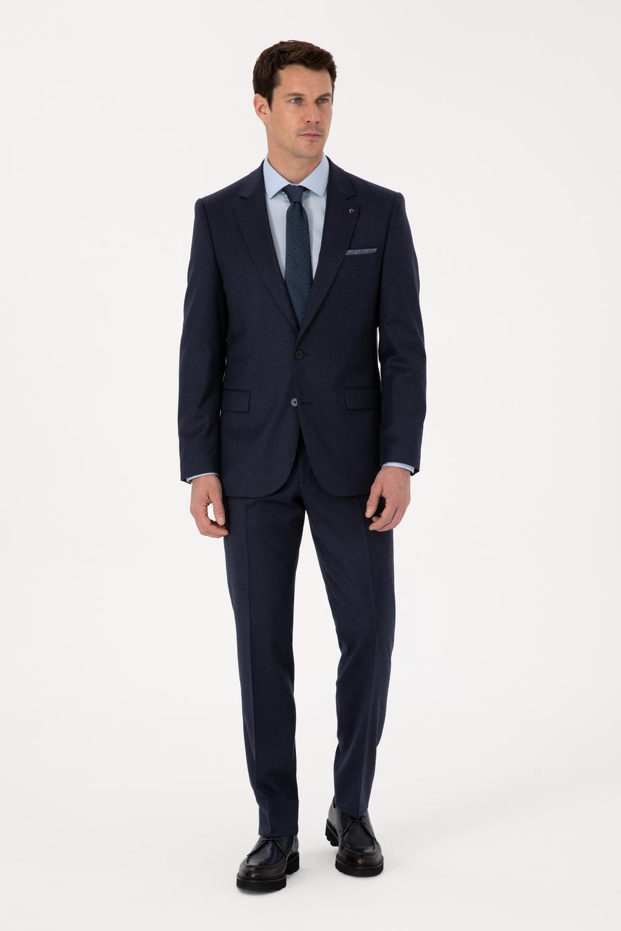 Lacivert Slim Fit Yün Karışımlı Mikro Desenli Klasik Pantolon - 50310020025