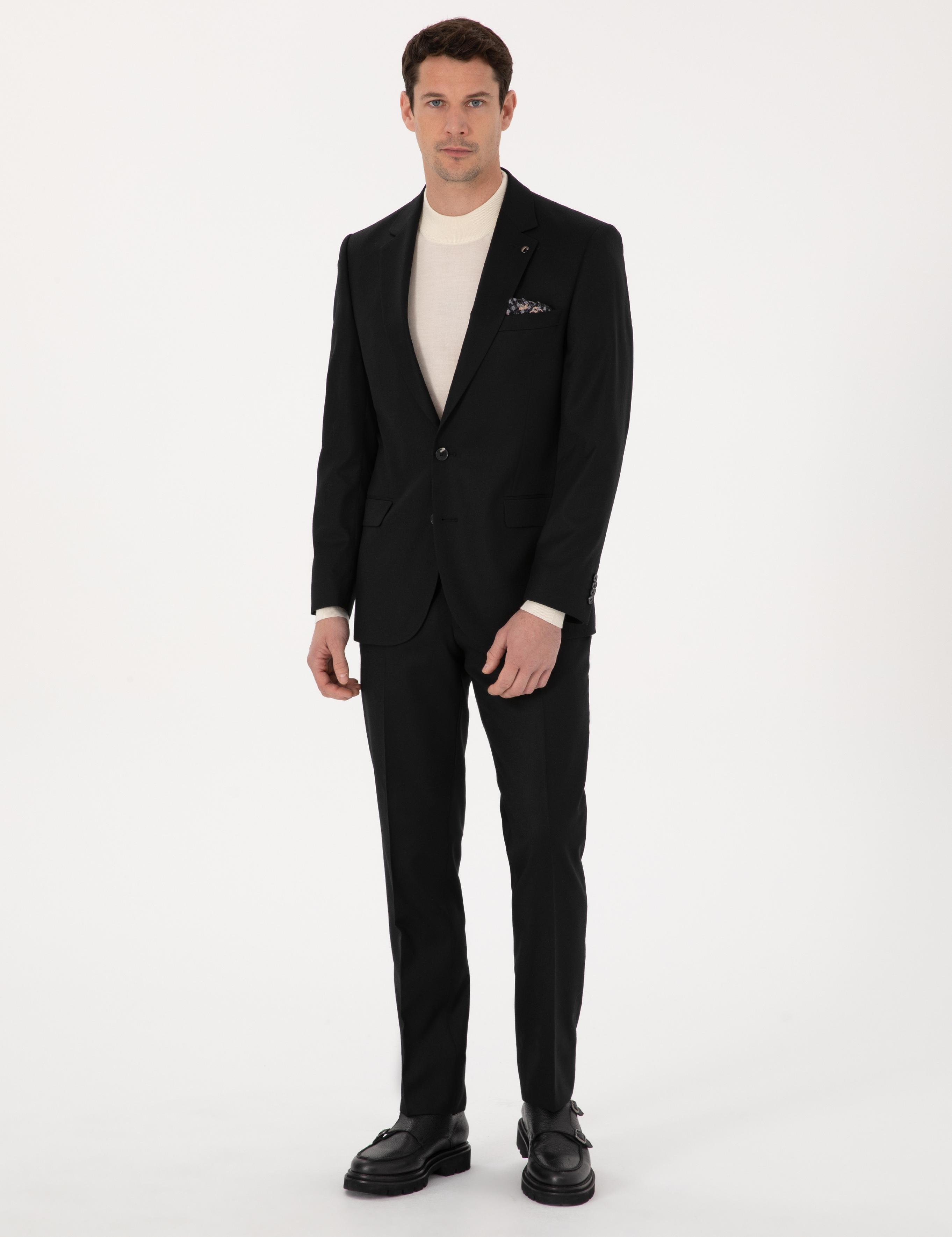 Siyah Slim Fit Yün Karışımlı Mikro Desenli Klasik Ceket - 50310061251