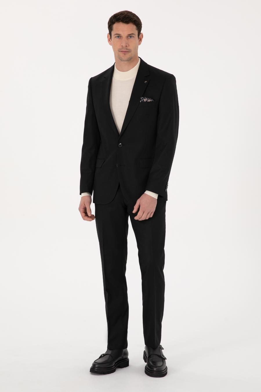 Siyah Slim Fit Yün Karışımlı Mikro Desenli Klasik Ceket - 50310061251