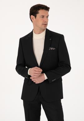Siyah Slim Fit Yün Karışımlı Mikro Desenli Klasik Ceket