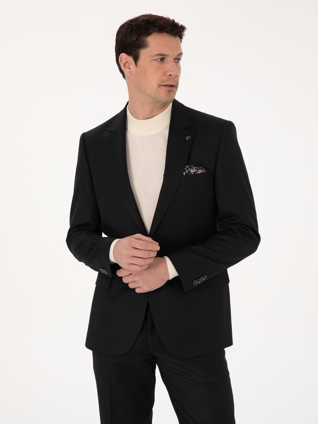 Siyah Slim Fit Yün Karışımlı Mikro Desenli Klasik Ceket