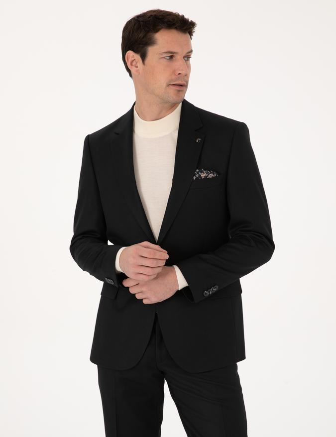 Siyah Slim Fit Yün Karışımlı Mikro Desenli Klasik Ceket