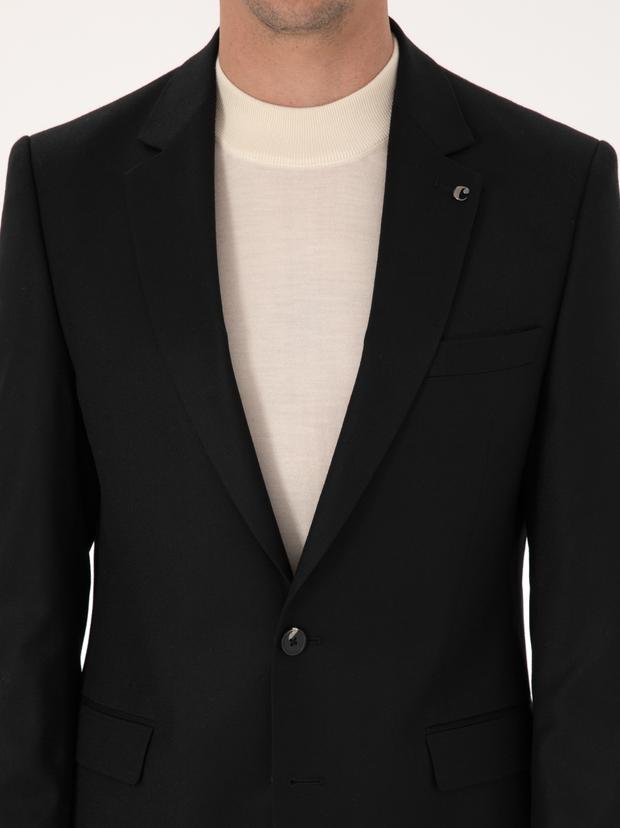 Siyah Slim Fit Yün Karışımlı Mikro Desenli Klasik Ceket