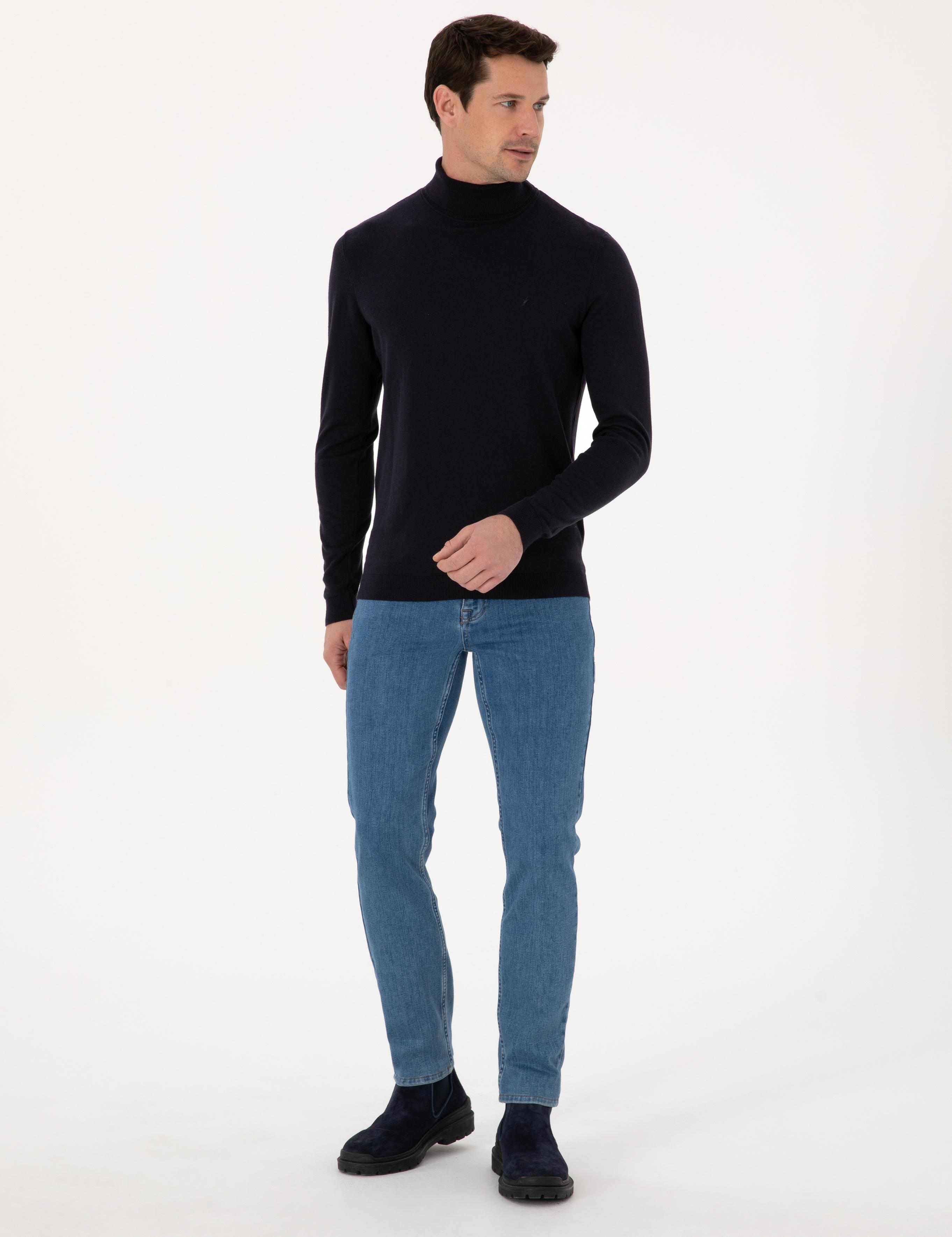 Lacivert Slim Fit Pamuk Karışımlı Balıkçı Yaka Basic Triko Kazak - 50318678009