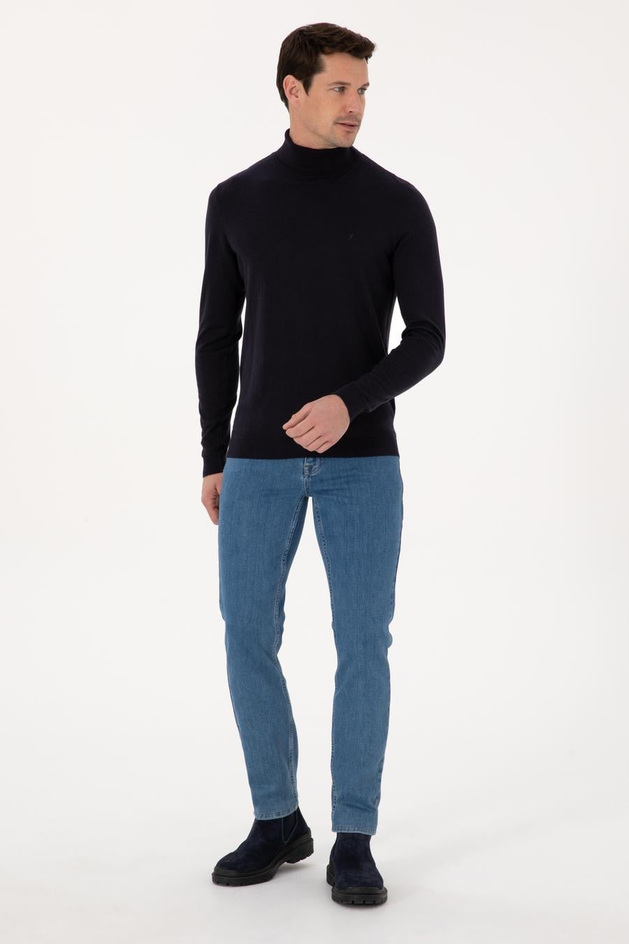 Lacivert Slim Fit Pamuk Karışımlı Balıkçı Yaka Basic Triko Kazak - 50318678009