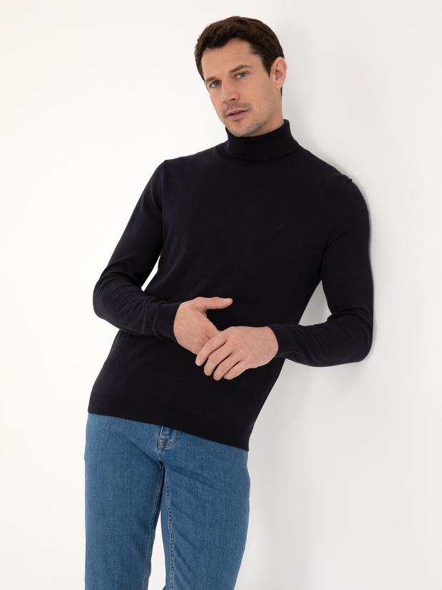 Lacivert Slim Fit Pamuk Karışımlı Balıkçı Yaka Basic Triko Kazak