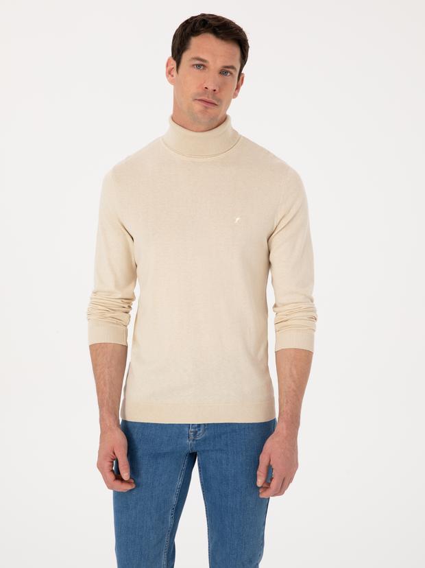 Bej Slim Fit Pamuk Karışımlı Balıkçı Yaka Basic Triko Kazak