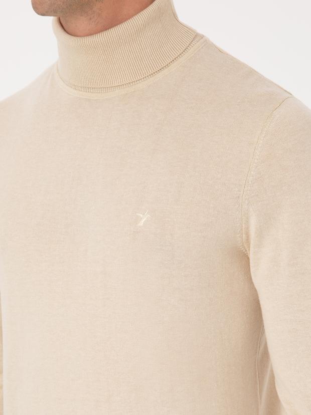 Bej Slim Fit Pamuk Karışımlı Balıkçı Yaka Basic Triko Kazak