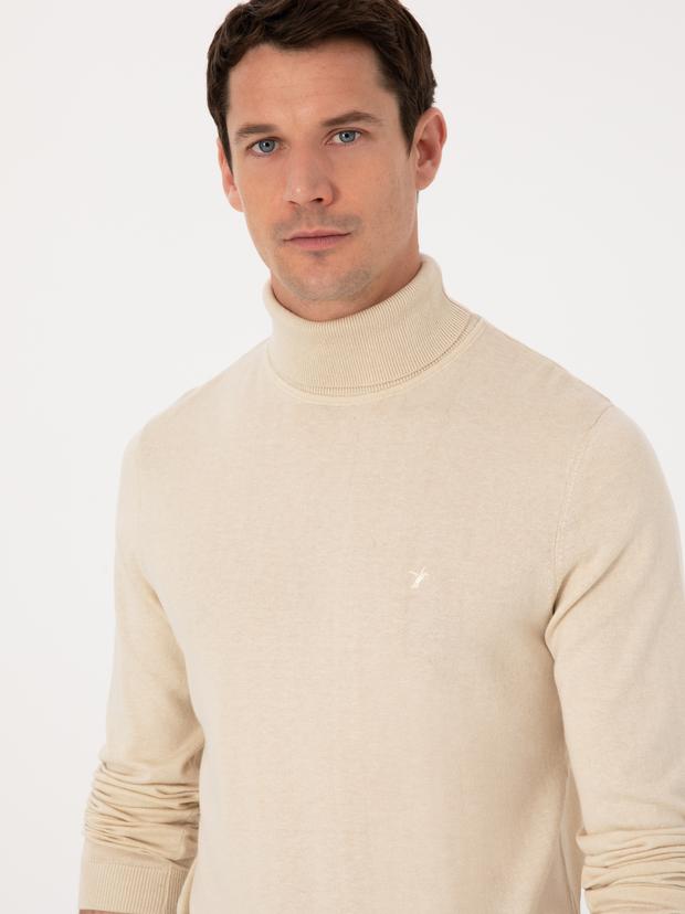 Bej Slim Fit Pamuk Karışımlı Balıkçı Yaka Basic Triko Kazak