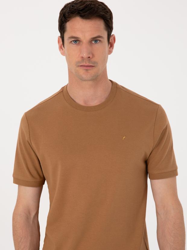 Kahverengi Regular Fit %100 Pamuk Bisiklet Yaka Basic T-shirt