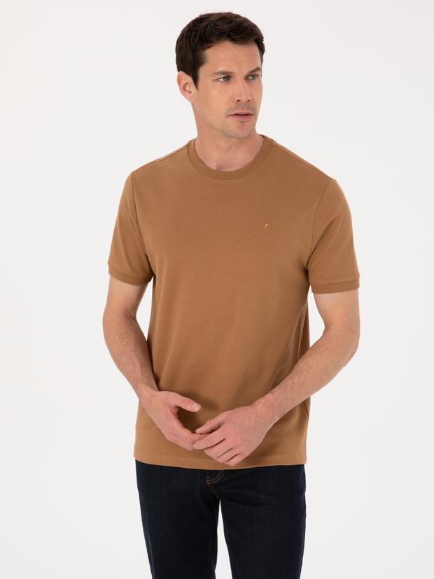 Kahverengi Regular Fit %100 Pamuk Bisiklet Yaka Basic T-shirt
