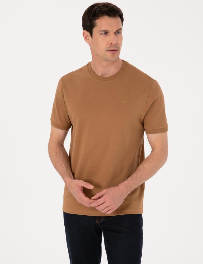 Kahverengi Regular Fit %100 Pamuk Bisiklet Yaka Basic T-shirt