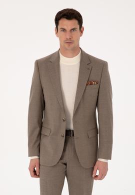 Camel Slim Fit Yün Karışımlı Mikro Desenli Klasik Ceket