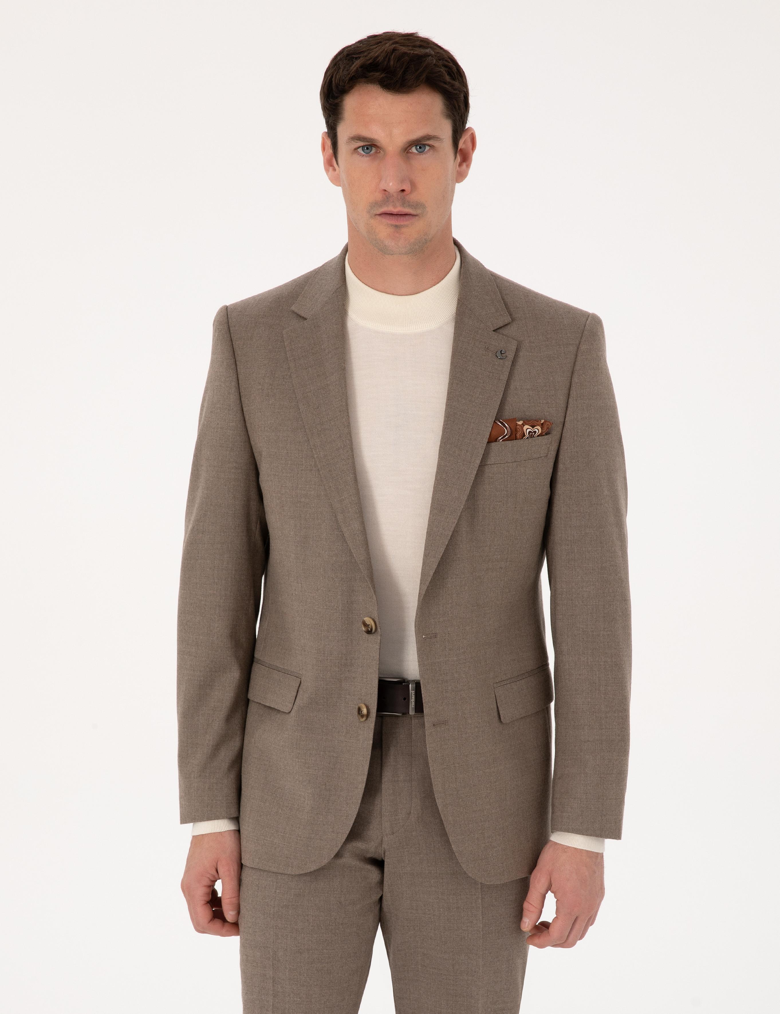 Camel Slim Fit Yün Karışımlı Mikro Desenli Klasik Ceket - 50310061218