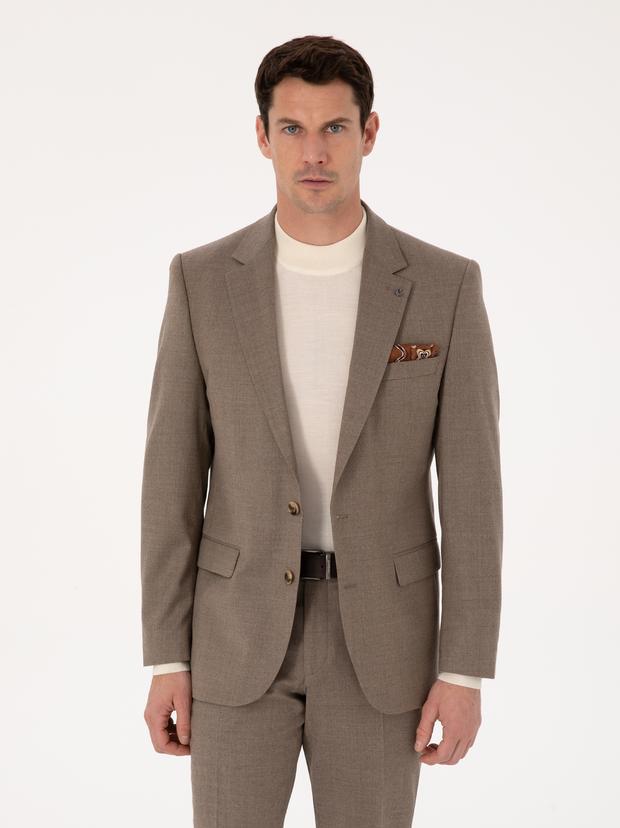 Camel Slim Fit Yün Karışımlı Mikro Desenli Klasik Ceket