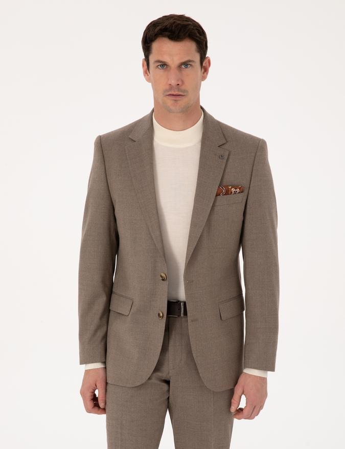 Camel Slim Fit Yün Karışımlı Mikro Desenli Klasik Ceket