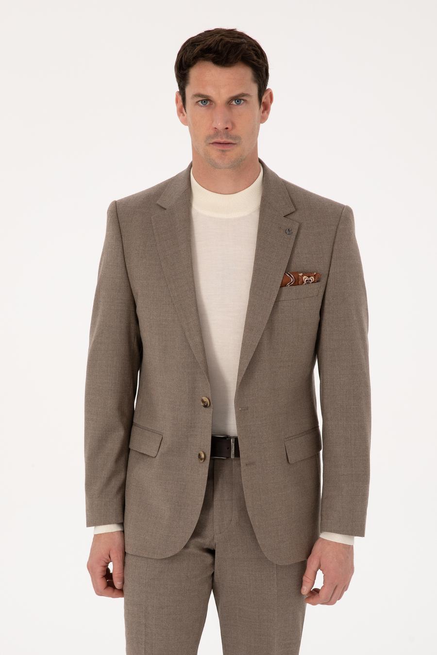 Camel Slim Fit Yün Karışımlı Mikro Desenli Klasik Ceket - 50310061218