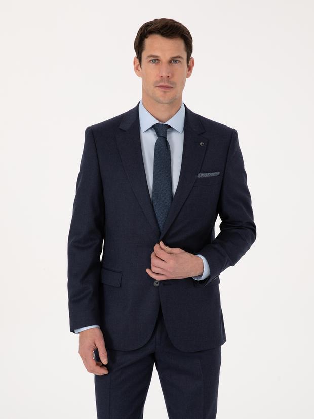 Lacivert Slim Fit Yün Karışımlı Mikro Desenli Klasik Ceket