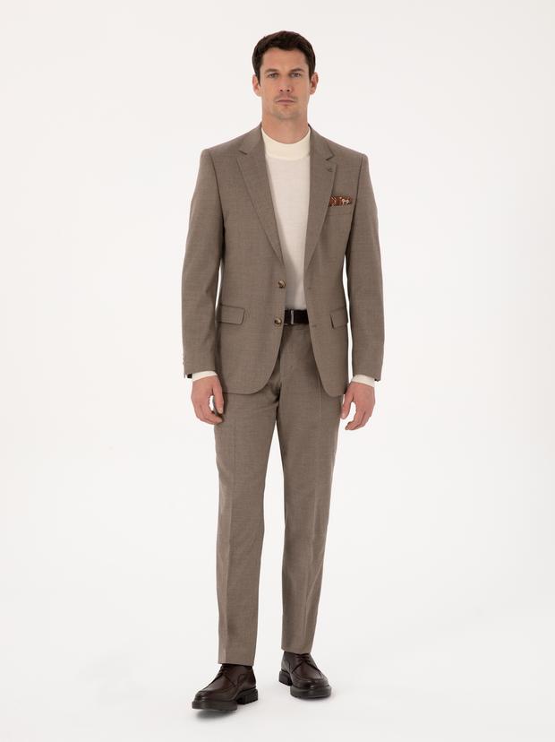 Camel Slim Fit Yün Karışımlı Mikro Desenli Klasik Pantolon