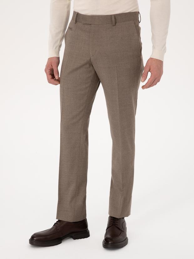 Camel Slim Fit Yün Karışımlı Mikro Desenli Klasik Pantolon