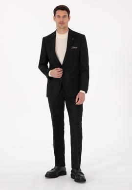 Siyah Slim Fit Yün Karışımlı Mikro Desenli Klasik Pantolon