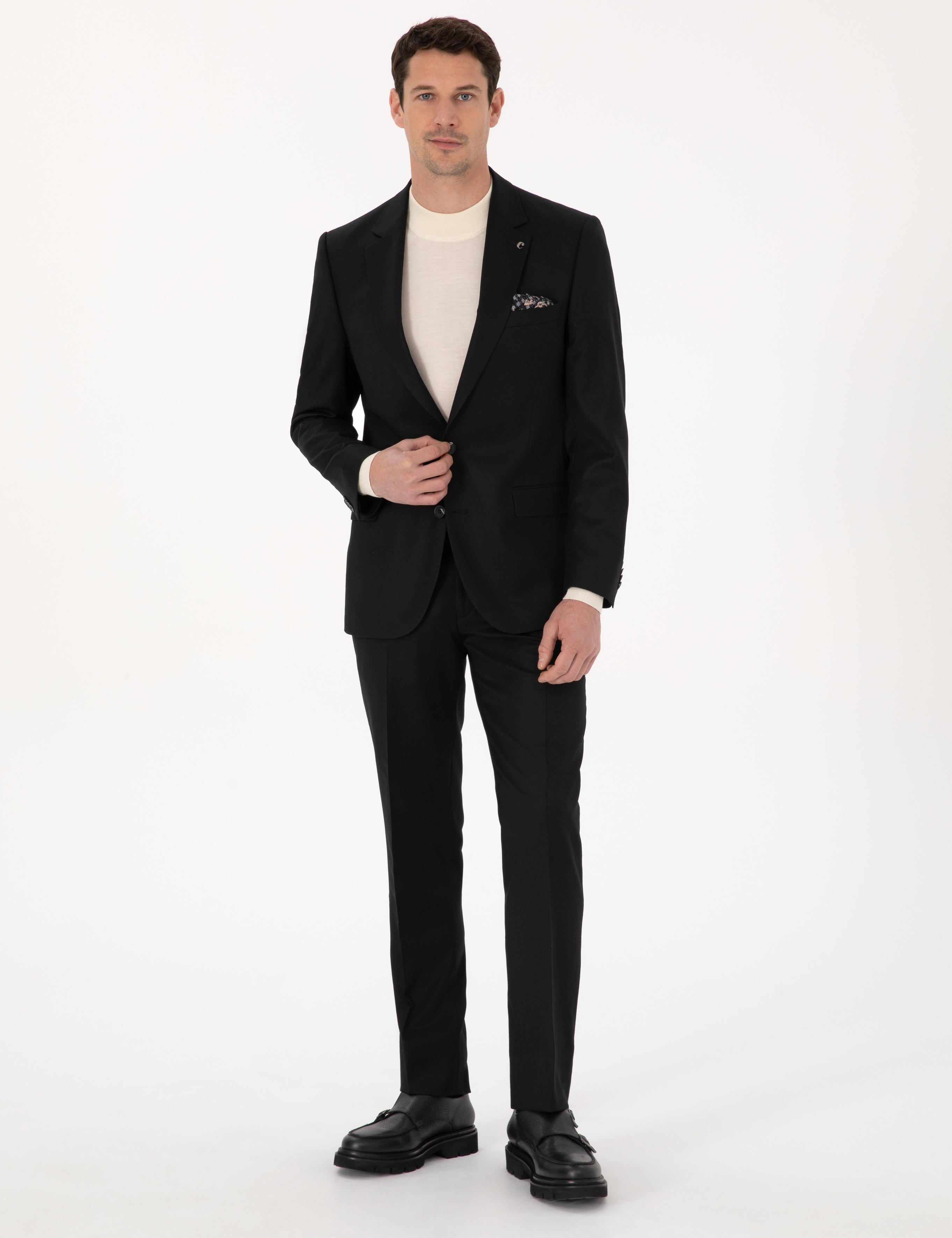 Siyah Slim Fit Yün Karışımlı Mikro Desenli Klasik Pantolon - 50310020007