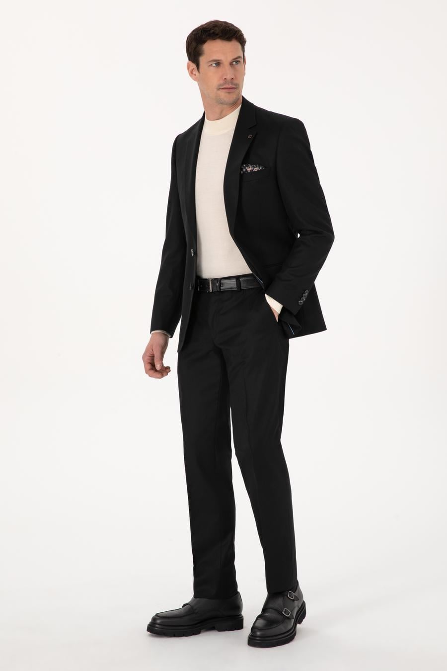 Siyah Slim Fit Yün Karışımlı Mikro Desenli Klasik Pantolon - 50310020007