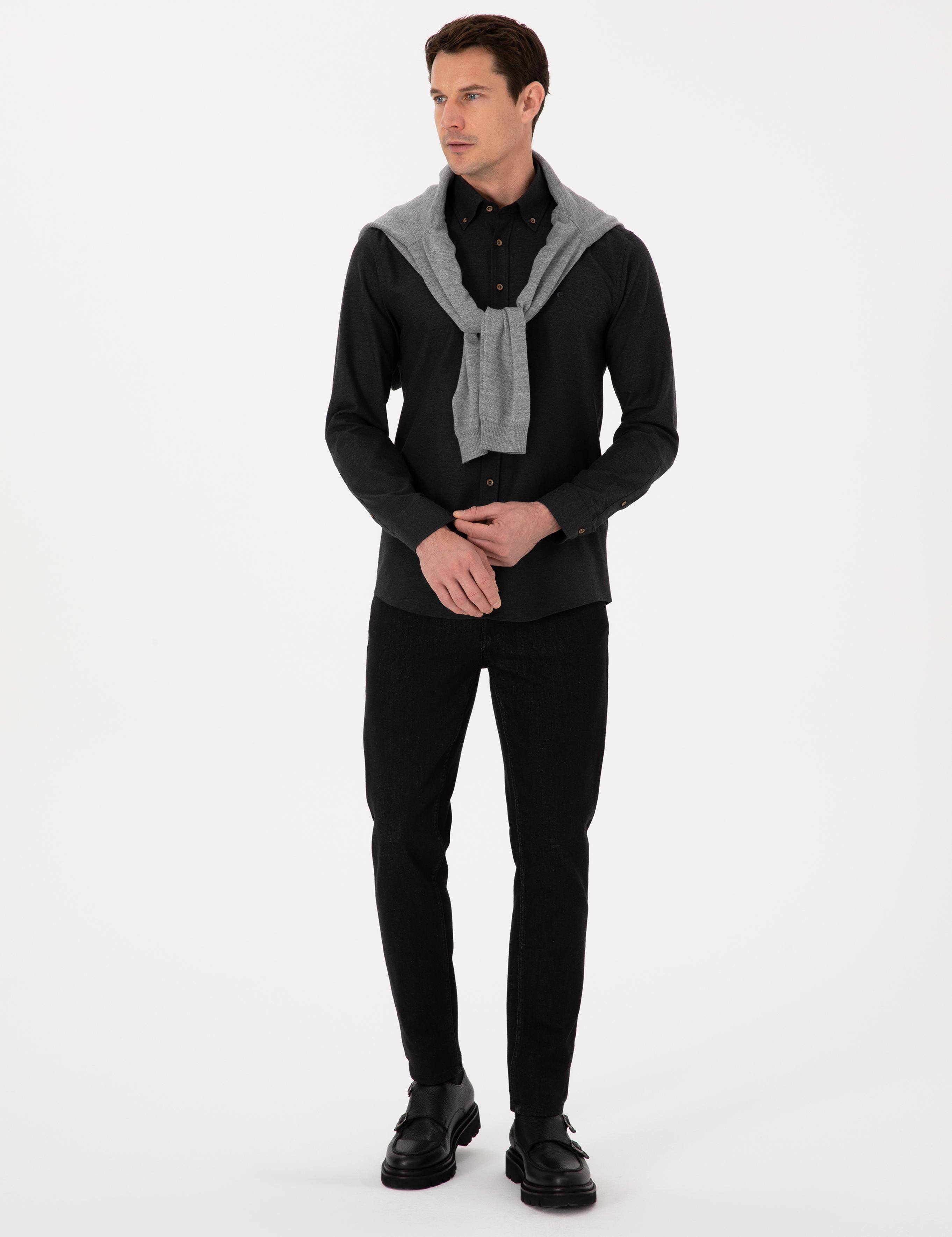 Siyah Slim Fit %100 Pamuk Yakası Düğmeli Flanel Gömlek - 50313122123