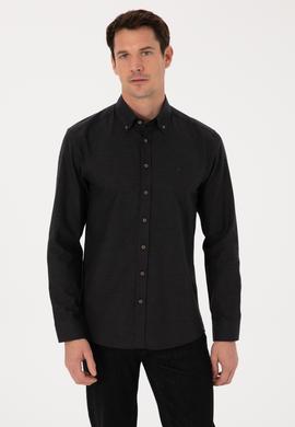 Siyah Slim Fit %100 Pamuk Yakası Düğmeli Flanel Gömlek