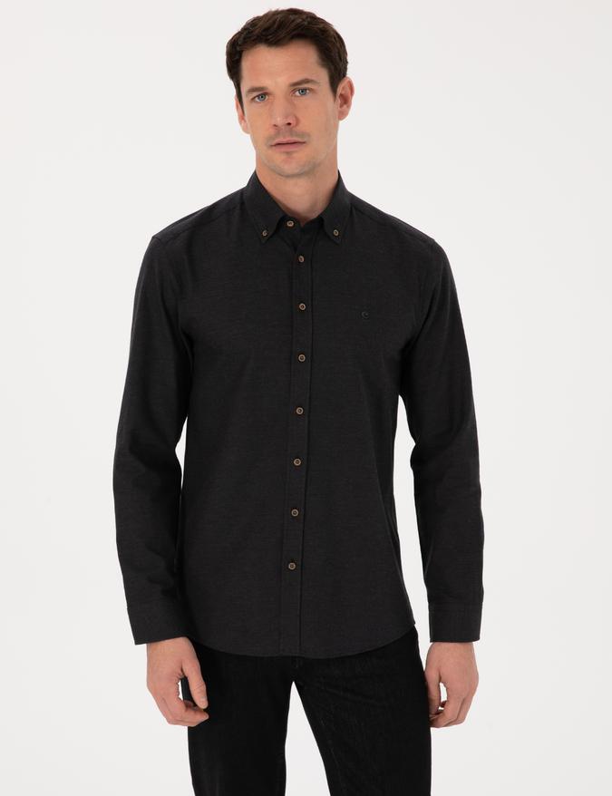 Siyah Slim Fit %100 Pamuk Yakası Düğmeli Flanel Gömlek