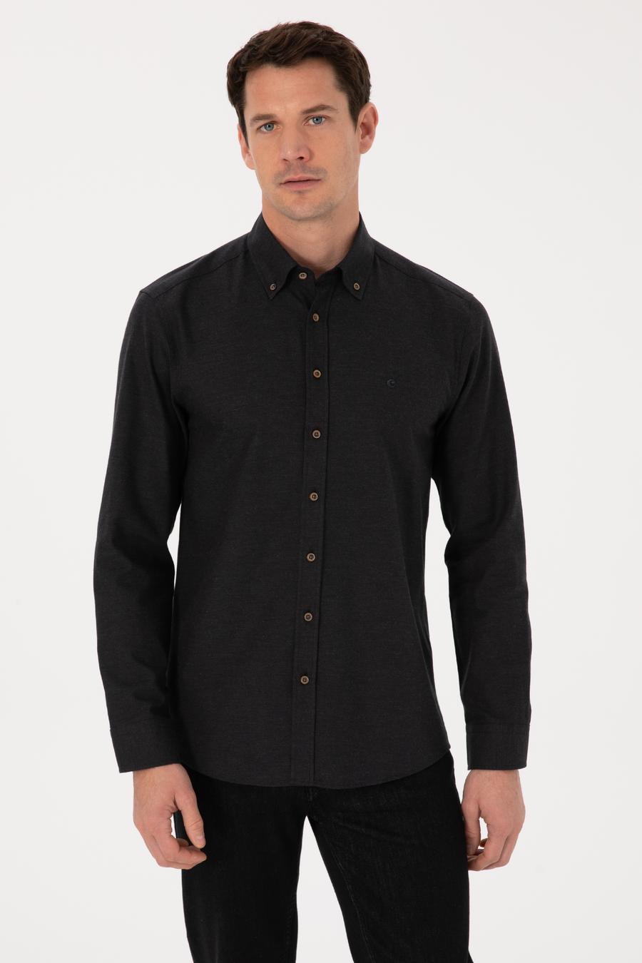 Siyah Slim Fit %100 Pamuk Yakası Düğmeli Flanel Gömlek - 50313122123