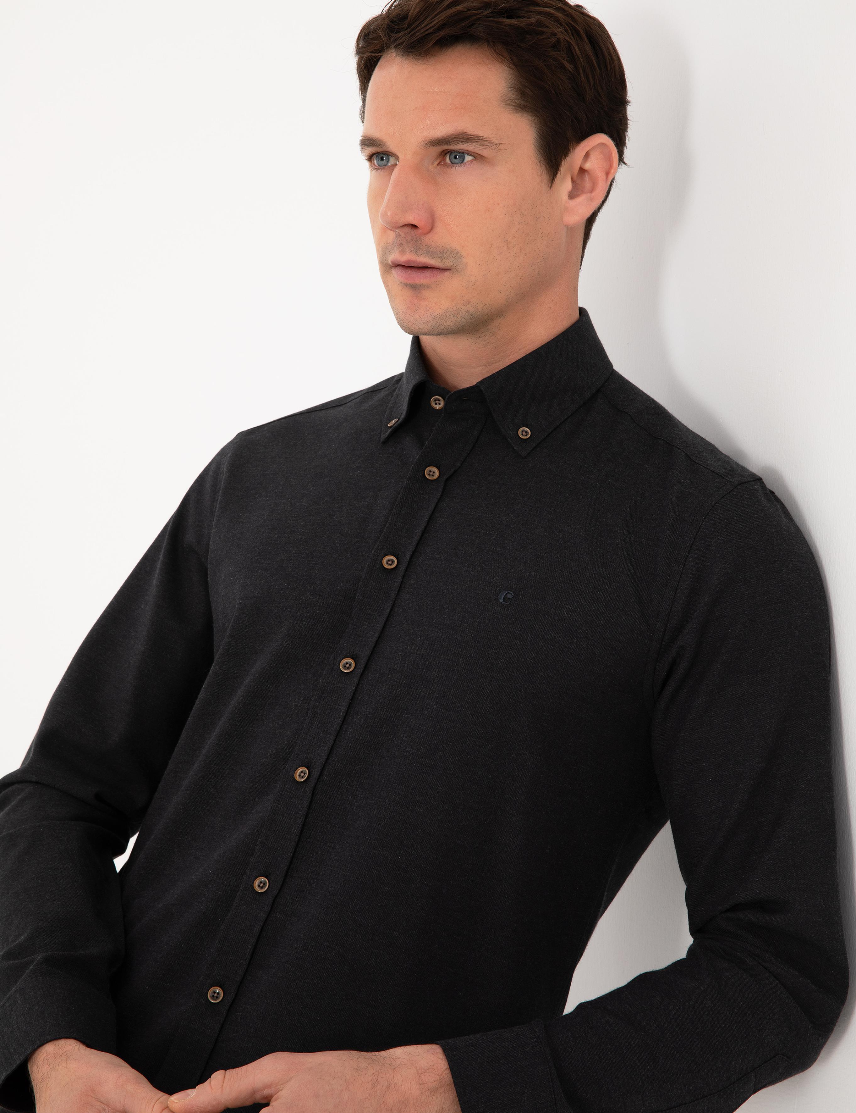 Siyah Slim Fit %100 Pamuk Yakası Düğmeli Flanel Gömlek - 50313122123